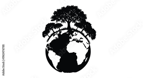 A world globe formed by trees in a dark striking silhouette