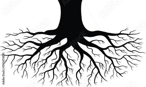Large tree root system silhouette with detailed underground branching for nature foundation family heritage and environmental concepts,