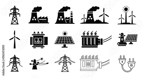 Renewable energy sources and power infrastructure in black silhouette