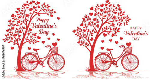 Happy Valentines Day Romantic Vector Illustration Featuring Heart Tree Bicycle Love Scene with Typography for Greeting Card Poster and Holiday Design