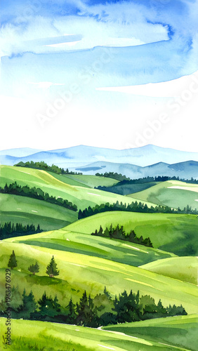Rolling green hills meet watercolor sky