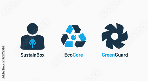 Sustainable eco-friendly business icons depicting environmental protection, recycling processes, and green initiatives for corporate responsibility and conservation efforts