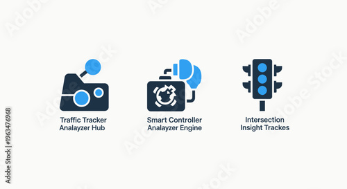Intelligent traffic management system icons featuring pattern analyzers, smart engines, and signals for urban planning and efficient roadway control solutions
