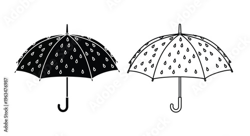 Two umbrella icons depicting rain one filled and one outline silhouette