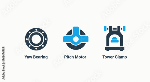 Industrial mechanical component icons: bearing, motor, clamp symbols for engineering and technology design