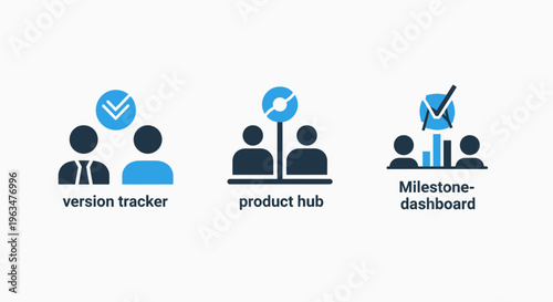 Project management and team collaboration icons including version trackers, product hubs, and milestone dashboards for agile development and task oversight