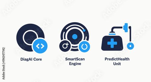 Icons depicting disk AI core, smart scan engine, and predict health unit, illustrating artificial intelligence, medical technology, and data scanning concepts