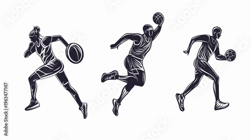 Silhouetted depictions of athletes in action, playing basketball. Dynamic and expressive