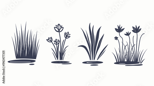 Four stylized illustrations of plants in a minimalist design with a textured, shaded appearance
