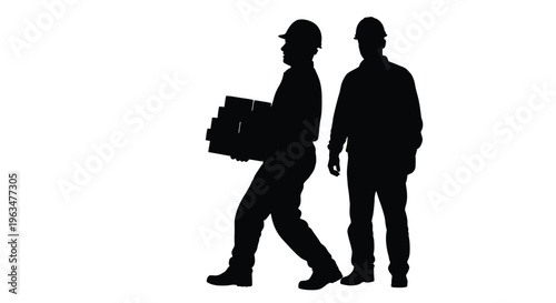 Two workers carrying boxes and walking a striking silhouette