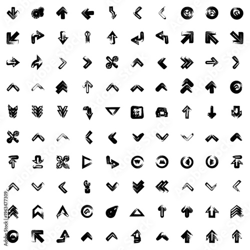 Extensive collection of hand drawn brush stroke arrows and symbols, black on transparent background