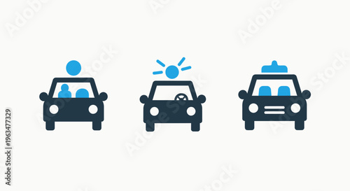 Emergency vehicle and police car icons depicting law enforcement, public safety, and rapid response transportation services