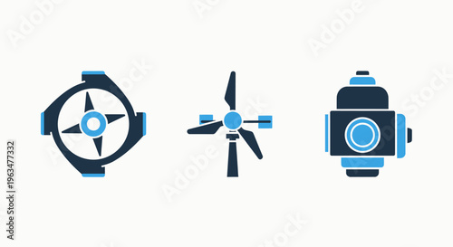 Industrial icons representing renewable wind energy, turbine components, and general heavy machinery engineering