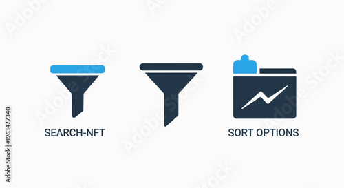 User interface icons for search functionality, data filtering, and sorting options in digital applications and web platforms