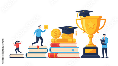 Educational success and career growth concept showing motivated students climbing book stairs toward a trophy and graduation cap.