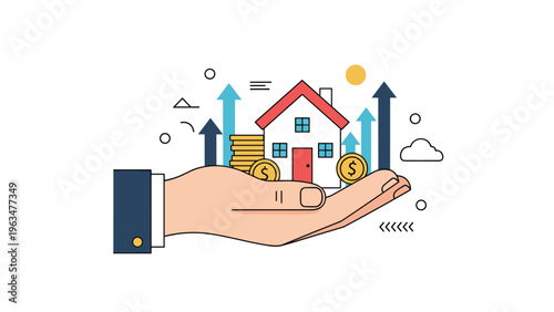 Real estate investment and property value growth concept showing a hand holding a house icon with rising arrows and golden coins.