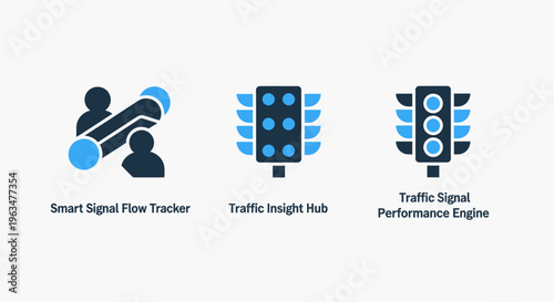 Smart traffic signal management and flow tracker icons for urban mobility, city infrastructure, and intelligent transportation systems