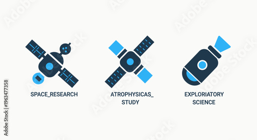 Space research and exploration icons for satellite technology, astrophysical studies, and scientific discovery applications