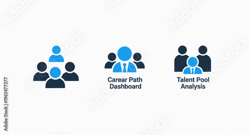 Human resources management icons for career path development, talent pool analysis, and team organization strategies