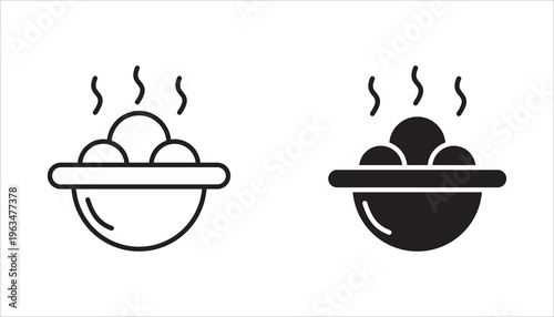 Black and white line art icon set depicting various foods, fast food, noodles, healthy options. Editable lines.