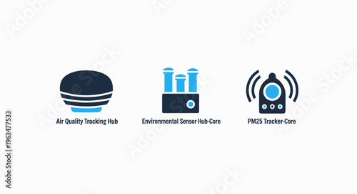 Air quality tracking pod, environmental sensor unit, and pst tracker unit icons for iot smart device monitoring