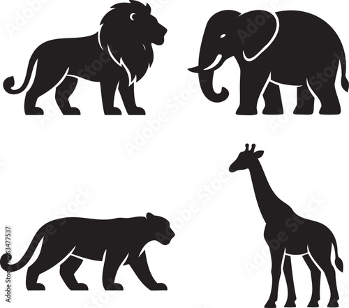 Black silhouettes of lion elephant panther and giraffe on white background animal