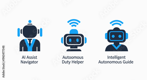 Artificial intelligence and robotics vector icons: AI assistant, autonomous helper, and intelligent guide for automation solutions