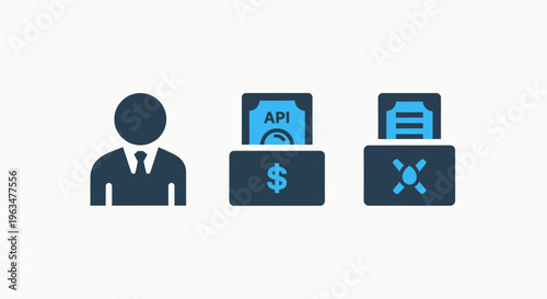 Business person icon, api pricing management, and api error decline for developer interface design