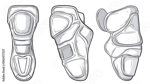 A hand-drawn illustration showcasing three views of a knee/shin protector with contour and detail