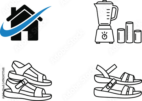 Home Logo, Blender Appliance, and Sandal Footwear Icon Set in Outline and Solid Styles for Household, Kitchen, and Lifestyle Design Projects