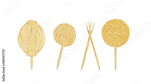 Isolated illustrations of knitting tools, showcasing thread and needles in a hand-drawn style