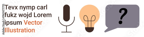 Communication, brainstorming, podcasting, creativity, media, problem-solving. A microphone, lightbulb and speech bubble with a question mark. Communication and brainstorming concept