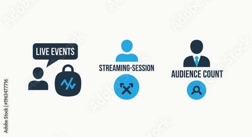 Live events broadcast, online streaming session connectivity, and audience count analytics icons for digital media platforms