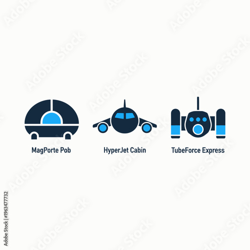 Magnetic port pods, hyperjet cabin aerospace designs, and tubeforce express rapid transit system icons for futuristic transportation concepts and advanced urban mobility solutions