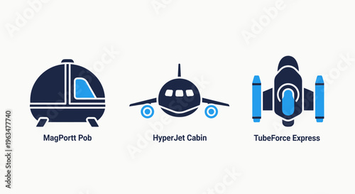 Futuristic magnetic pod capsule, supersonic hyperjet cabin, and tubeforce express rapid transit vehicle icons for next generation travel, aerospace engineering, and modern logistics