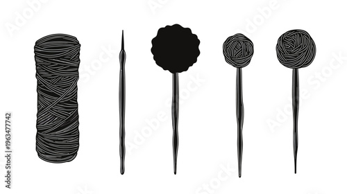 Black and white illustration of sewing notions thread, needles, and decorative pins