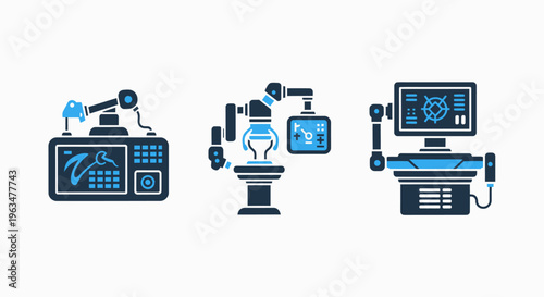 Robotic arms with data monitoring screens and industrial automation interface icons for smart factory manufacturing, mechanical engineering, and technical production environments