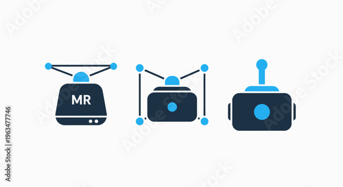 Mixed reality vr headset icons for virtual reality technology and digital innovation featuring wearable smart glass symbols with sensor array and antenna design elements on white background