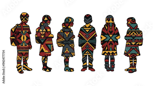 Artistic Ethnic Group Illustration: Six figures, rendered in a striking patterned design reminiscent of ancient tribal motifs, evoke a sense of heritage and cultural identity. The artwork.