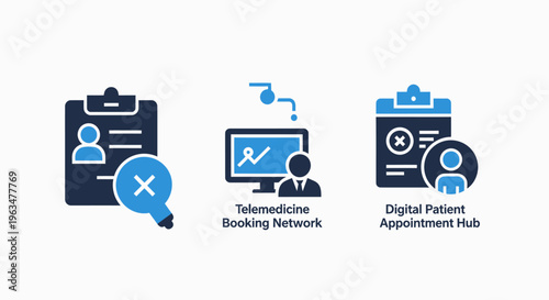 Telemedicine booking network and digital patient appointment hub icons for healthcare technology featuring medical clipboard records and online doctor consultation symbols in blue flat style