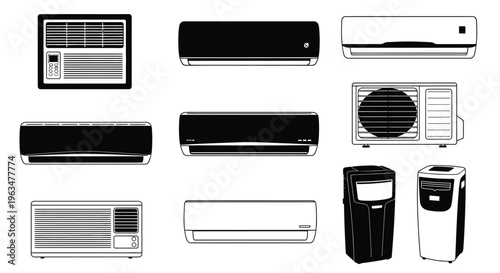 Variety of air conditioning units displayed in a black silhouette