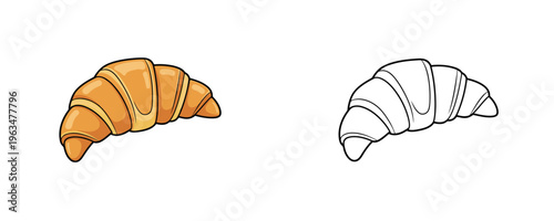 Cartoon French croissant pastry in color and black line art styles showing fresh baked buttery crescent roll for bakery design on white background