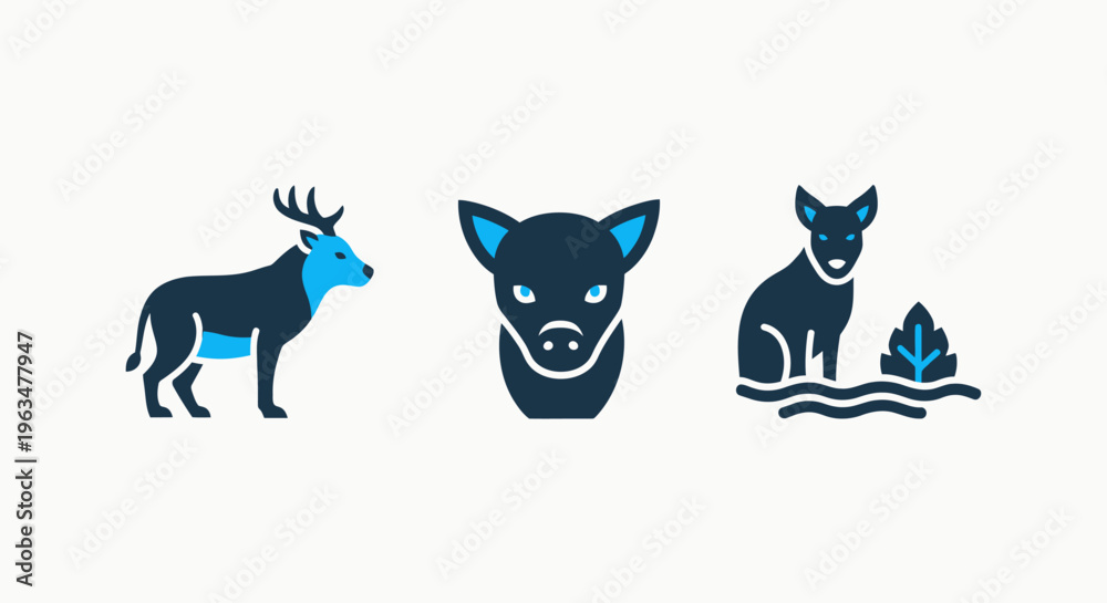 Obraz premium Nature and wildlife icon set featuring reindeer with antlers fox face profile and small wild animal in natural habitat environment with plant and water