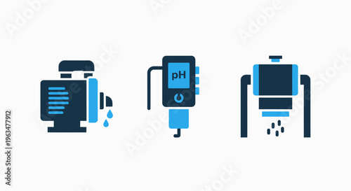 Industrial fluid management icons showing electric water pump ph meter monitoring device and filtration unit for chemical engineering and environmental science