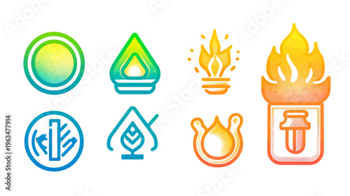 Collection of stylized, colorful icons representing various concepts, with gradient fills and textured appearance