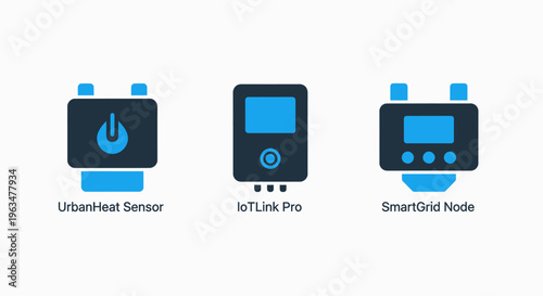 Internet of things iot device icons featuring electronic current sensor connectivity module and smart grid node for industrial technology and monitoring