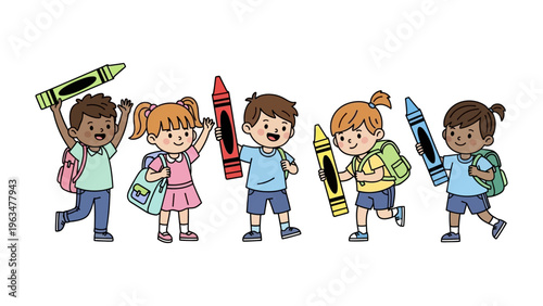 Back to School Joy: Cheerful children, each holding a colorful crayon, symbolize the excitement and promise of a new school year. The image captures the pure joy and anticipation.