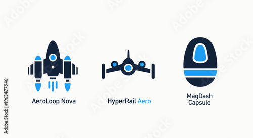 Professional set of futuristic transportation icons featuring a space rocket ship, a high speed aero rail drone vehicle, and a magnetic levitation maglev travel capsule for modern logistics