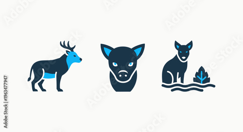 Nature and wildlife icon set featuring reindeer with antlers fox face profile and small wild animal in natural habitat environment with plant and water