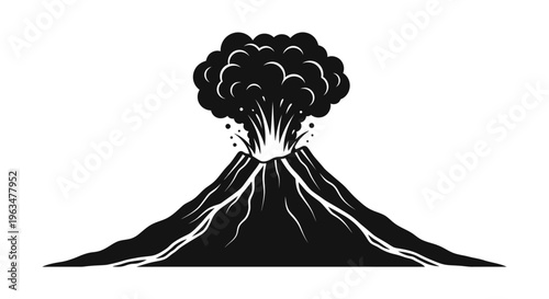 Dramatic volcanic eruption with flowing lava captured in black silhouette